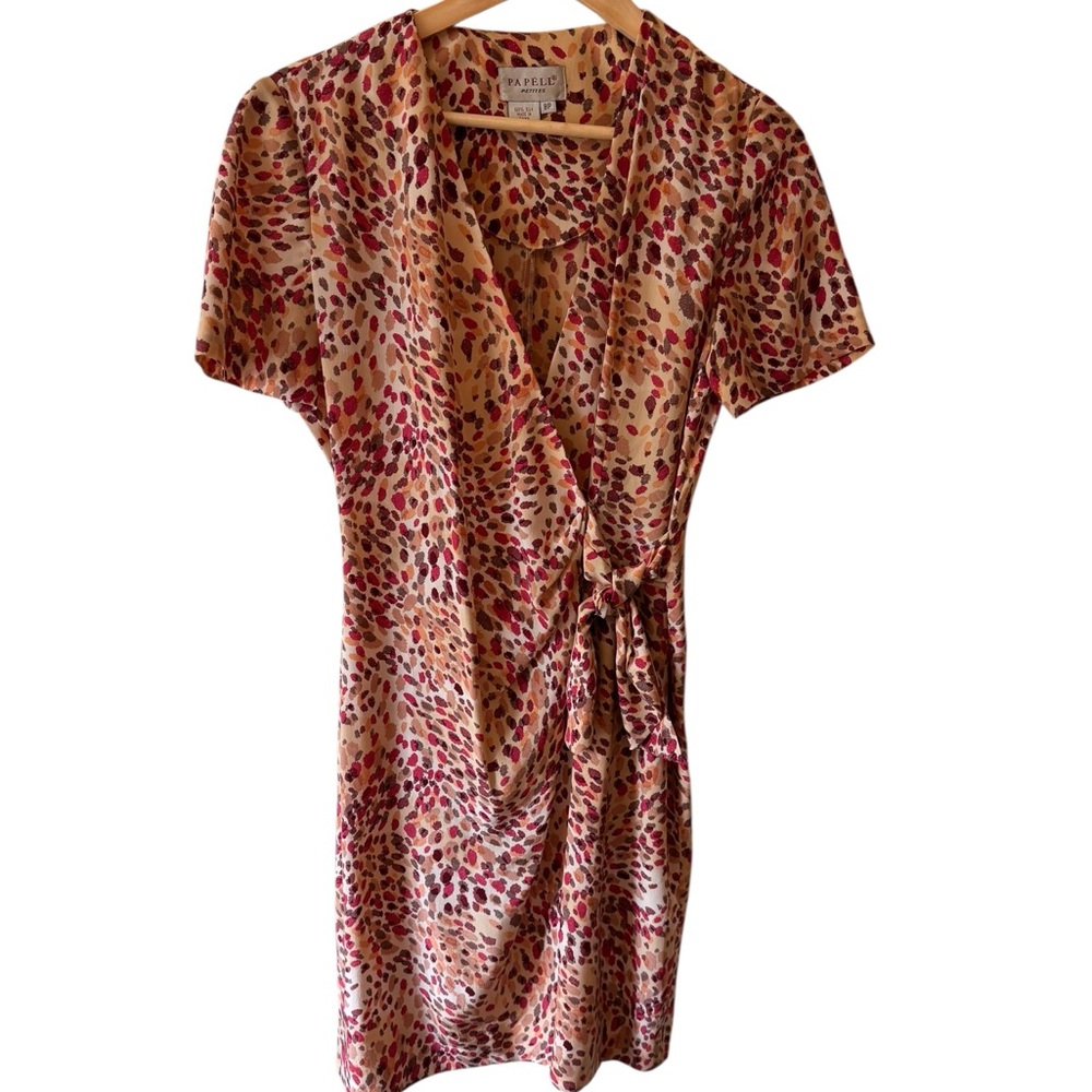 Papell Petites 100% Silk Faux Wrap Dress Short Sleeves